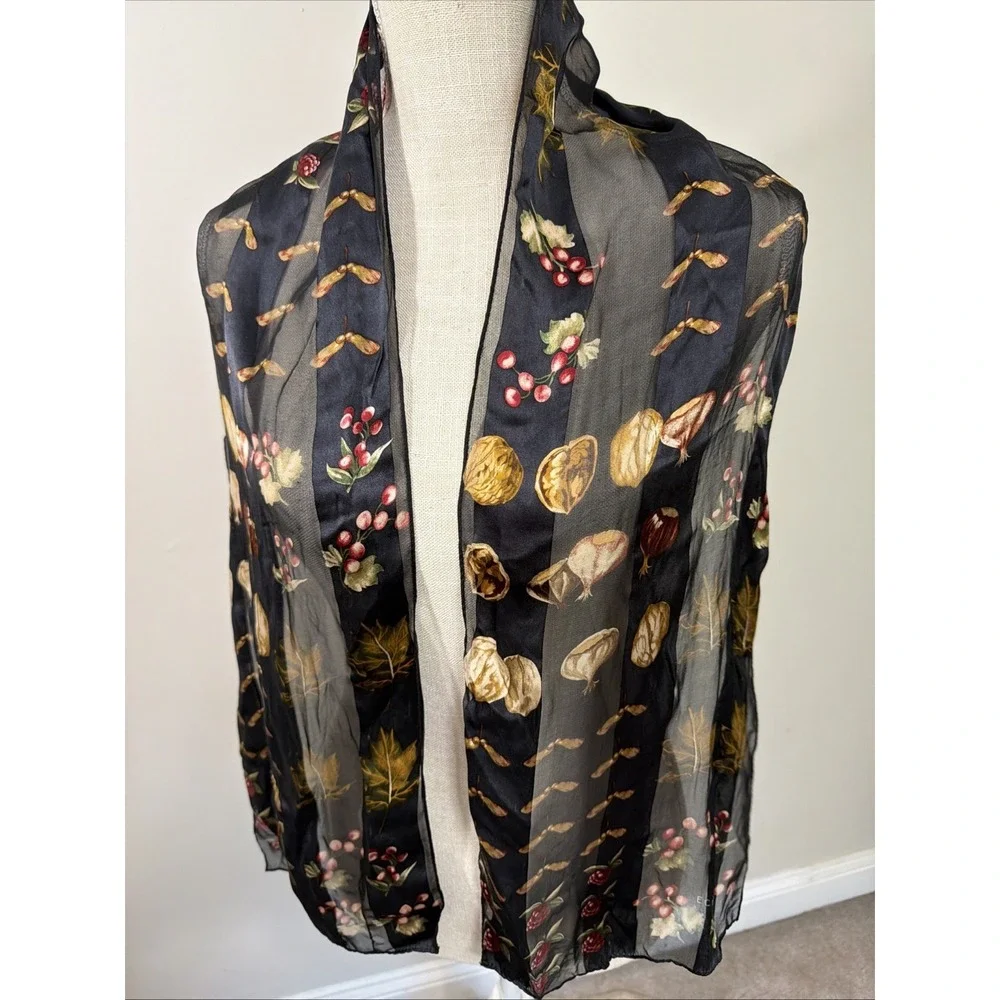 Echo Silk Botanical Scarf With Nuts, Seeds, Berries On Black Signed 58